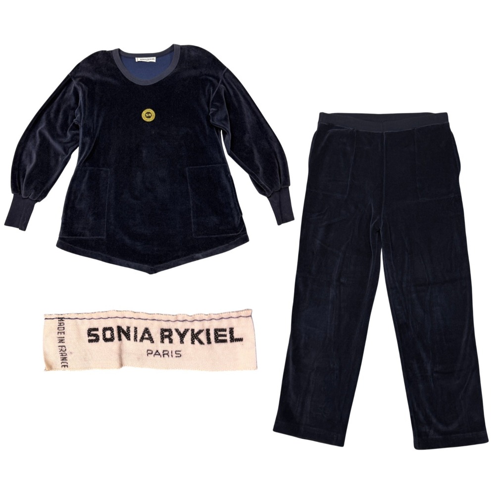 Vintage Sonia Rykiel Velour Logo Top Pants Set S Navy Blue Gold Made in France